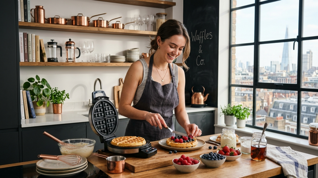Urban apartment kitchen scene, 16:9 ratio, young host prepar