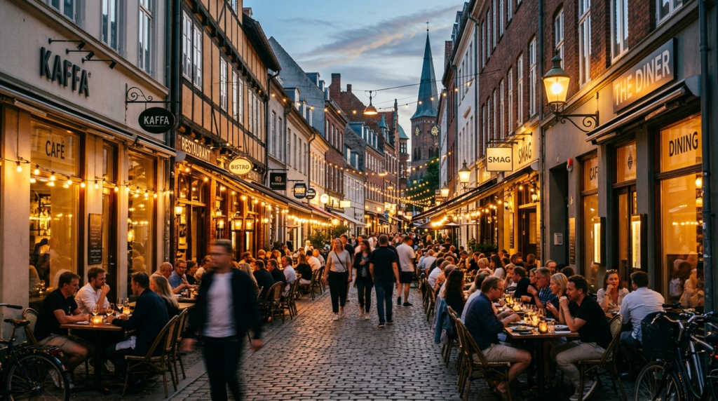 Cinematic street photography of Aarhus city center dining di
