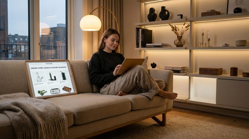 Urban Scandinavian apartment interior, cozy evening setting 