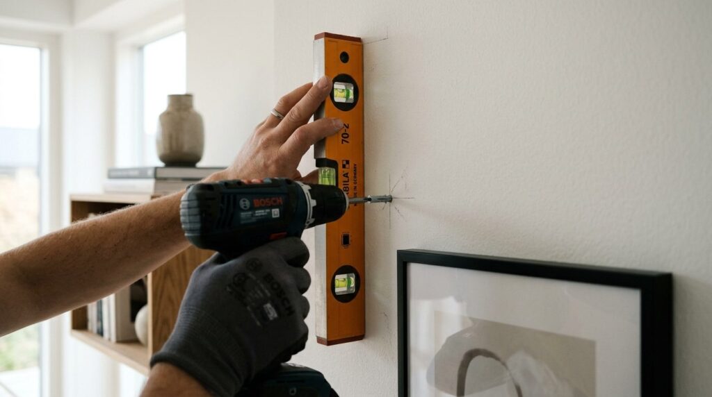 Close-up detail shot of a precision wall mounting tool and l