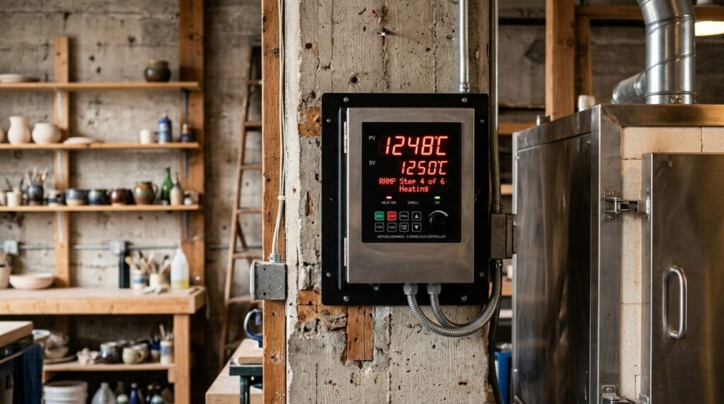 Modern ceramic kiln control panel and digital display showin