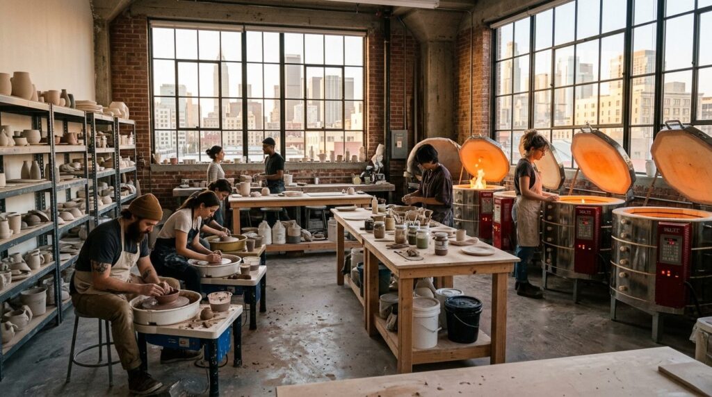 Contemporary shared ceramic studio space with multiple ceram