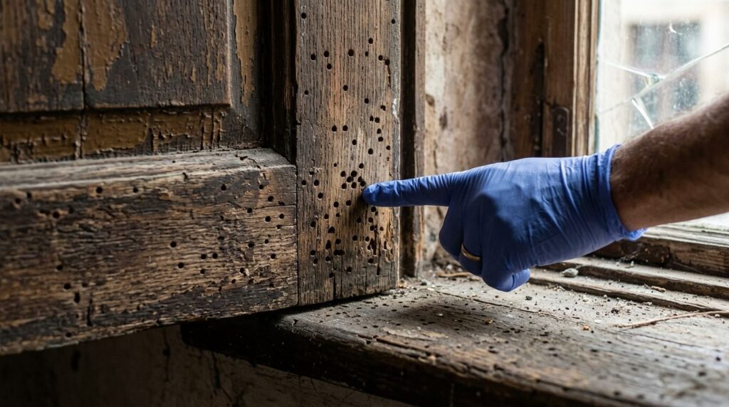 Close-up detail of old wooden door frame and window sill sho