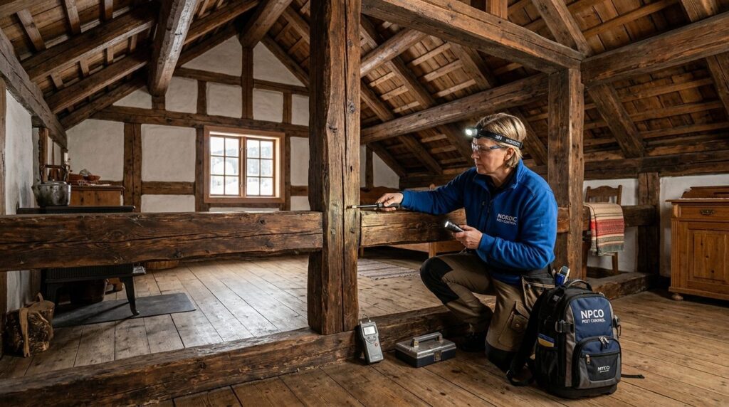 Interior of historic Scandinavian timber-framed house with e