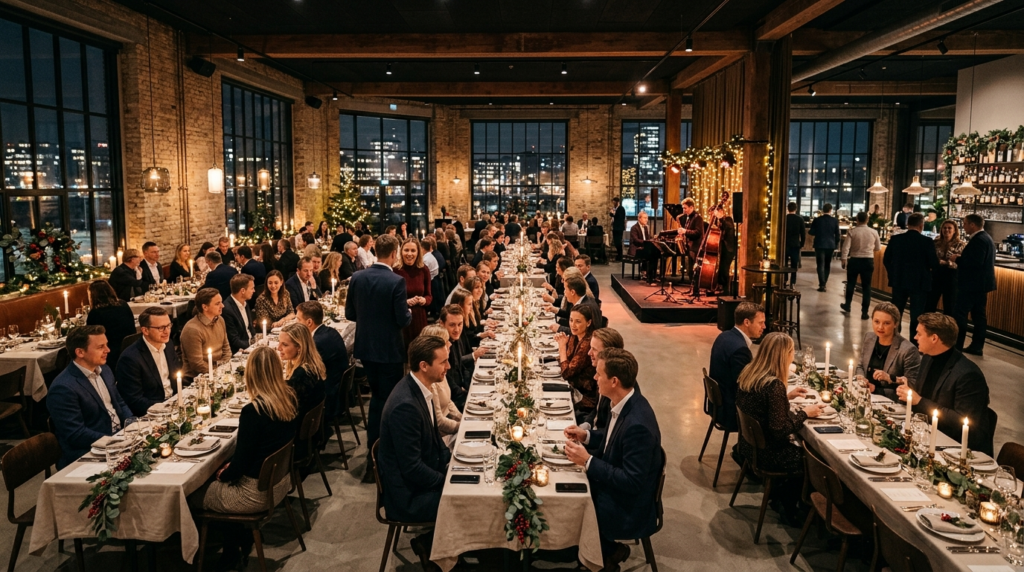 Wide shot of an elegant Christmas party venue in a modern Co