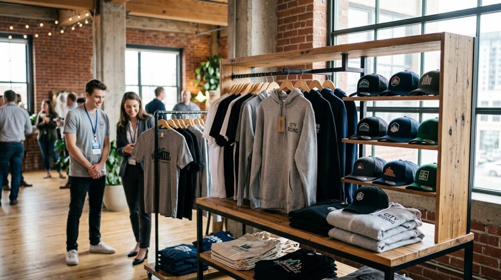 Urban event merchandise display scene with custom branded ho