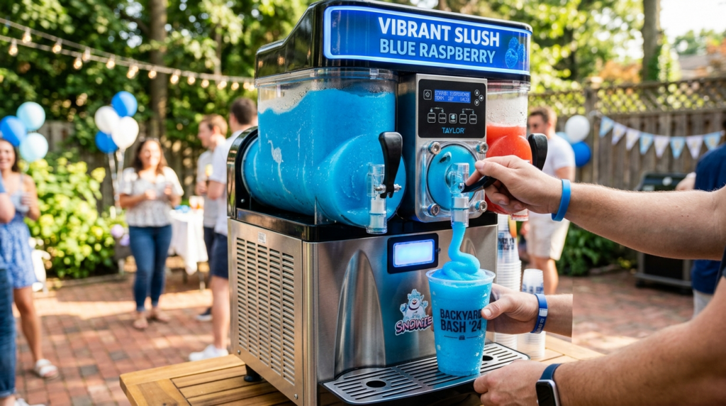Close-up detailed shot of a commercial slush ice machine dis