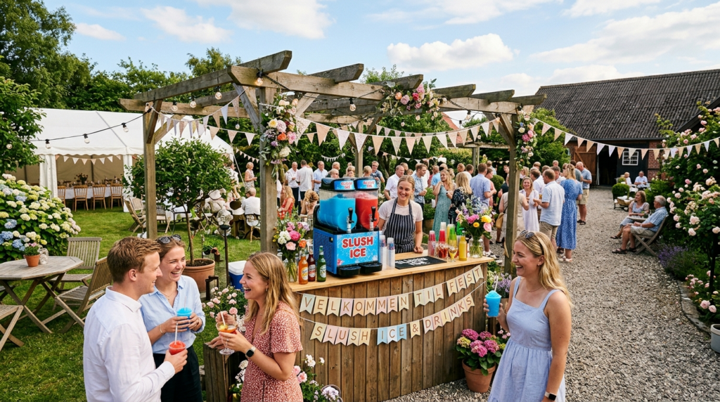 Wide angle photograph of a rental event setup in a Danish ga