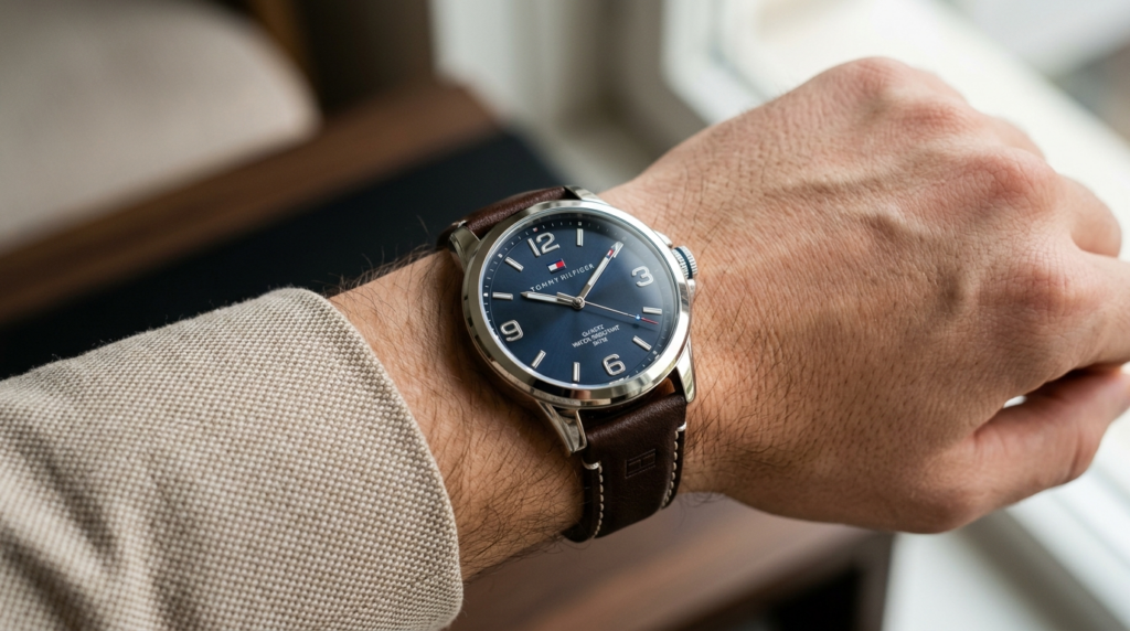 Close-up detail shot of a classic Tommy Hilfiger mens watch