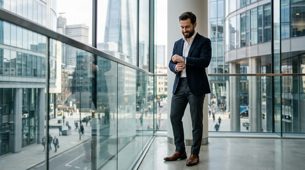 Sophisticated urban lifestyle scene of a stylish man in mode
