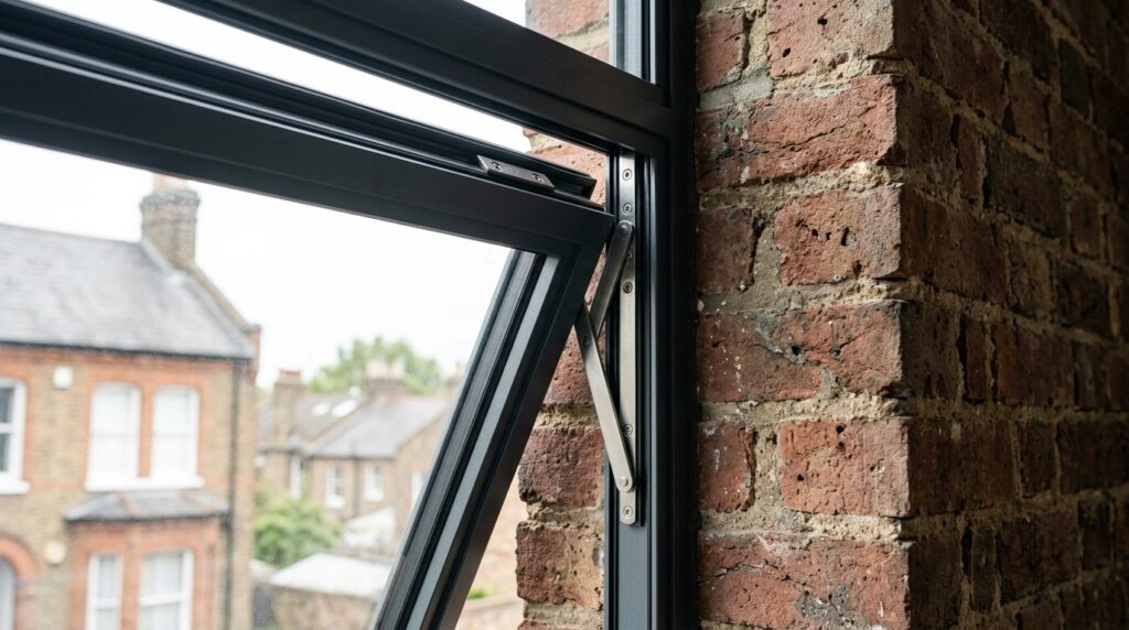 Close-up detail of a sleek top-hung window mechanism with mi