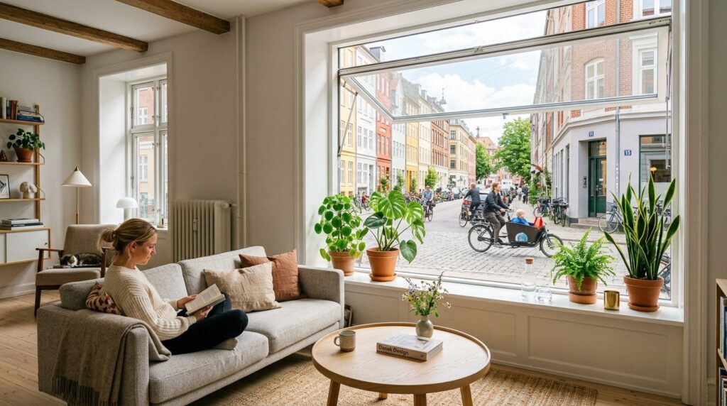 Interior lifestyle shot of a bright Scandinavian living room